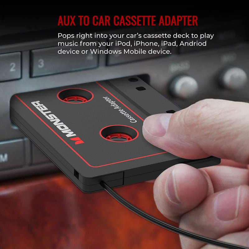 Monster Aux Cord Cassette Adapter 800 - iCarPlay for Car Tape Deck, Auxiliary To Dashboard, MP3 Player, iPod and iPhone - 3 ft Black Cable Standard Packaging