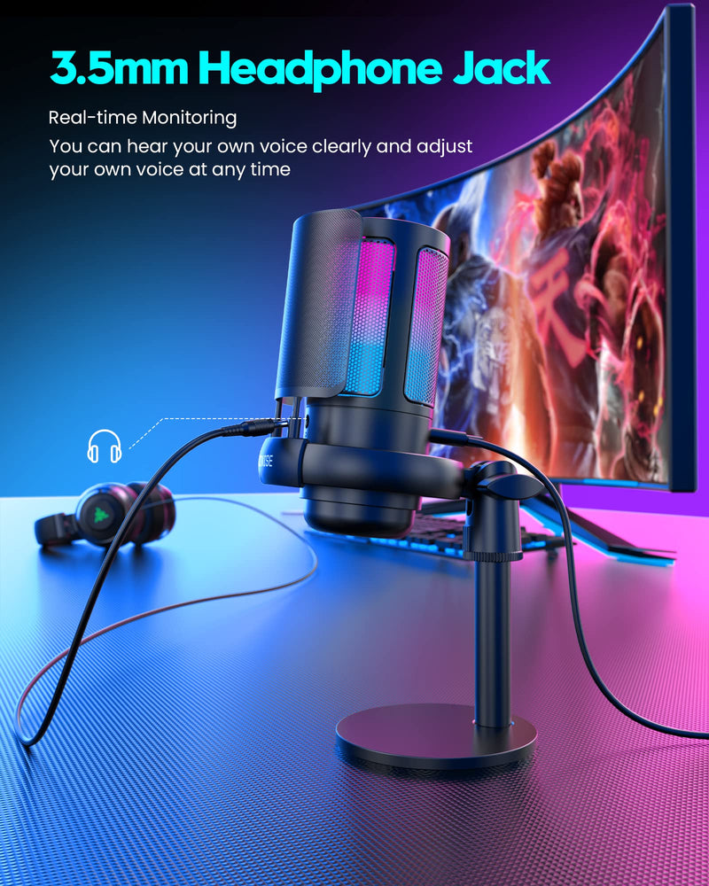 Gaming Microphone, USB PC Mic for Podcasts Videos, Streaming, Condenser Mic with Quick Mute, Tripod Stand, Pop Filter, RGB Indicator, Shock Mount, Rotate gain button, Compatible with PS4/5/PC With Stand