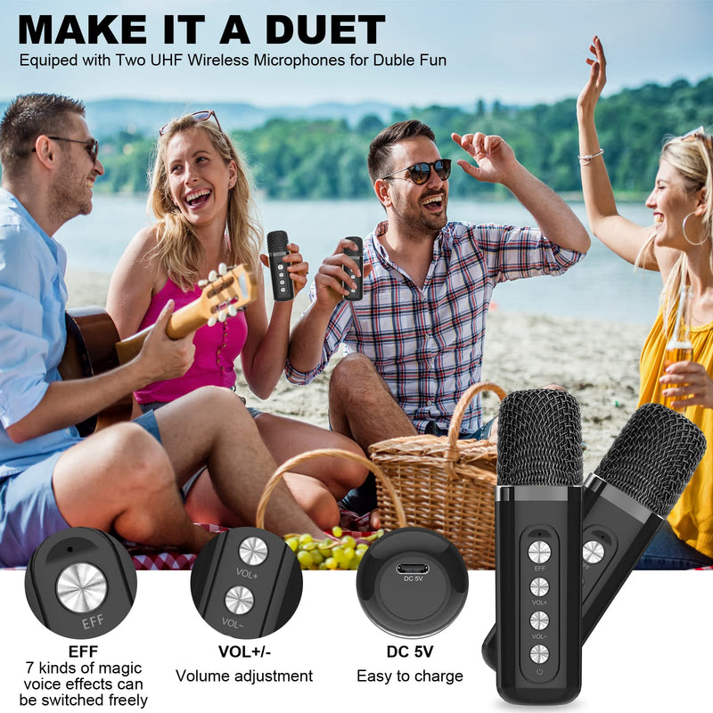 Karaoke Machine for Adults and Kids, FULLIFE Portable Bluetooth PA Speaker System with 2 UHF Wireless Microphones, Karaoke Speaker with Echo, Supports TF/USB, AUX in, for Home Party (YS203-Black) YS203-Black