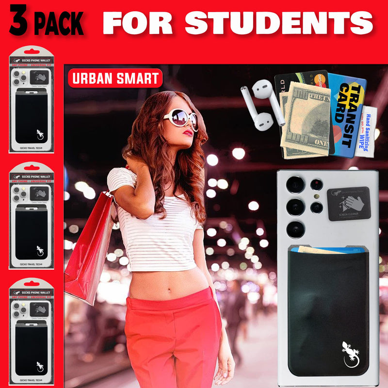 Gecko Travel Tech 3 Pack Phone Wallet Stick on- Phone Card Holder Black - Cellphone Accessories Universal fits Any Cellphone - cardholder Stretchy - Phone Card Holder Wallet (x3 Black/White BLACK WHITE - 3 PACK