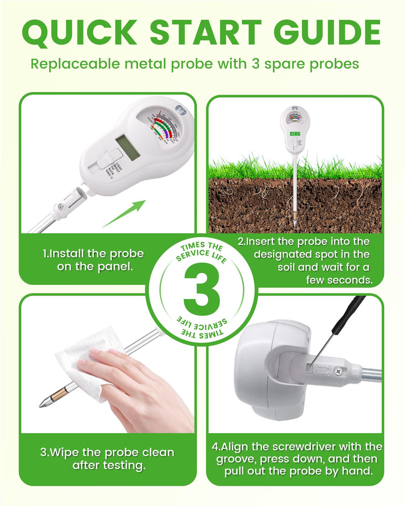 6-in-1 Soil Moisture Meter with 3 Probes, PH/Sunlight/Soil Moisture/Fertility with 3 Removable Probe, Digital Air Temp/Humidity, Soil Tester for Garden, Lawn, Indoor and Outdoor Plants