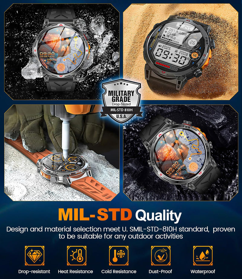 GPS Military Smart Watches for Men, 1.56" AMOLED Screen Bluetooth Call, Smartwatch for Android Phones and iPhone, 100+ Sport Modes, 3ATM Waterproof Smart Watch with Compass Black & Orange