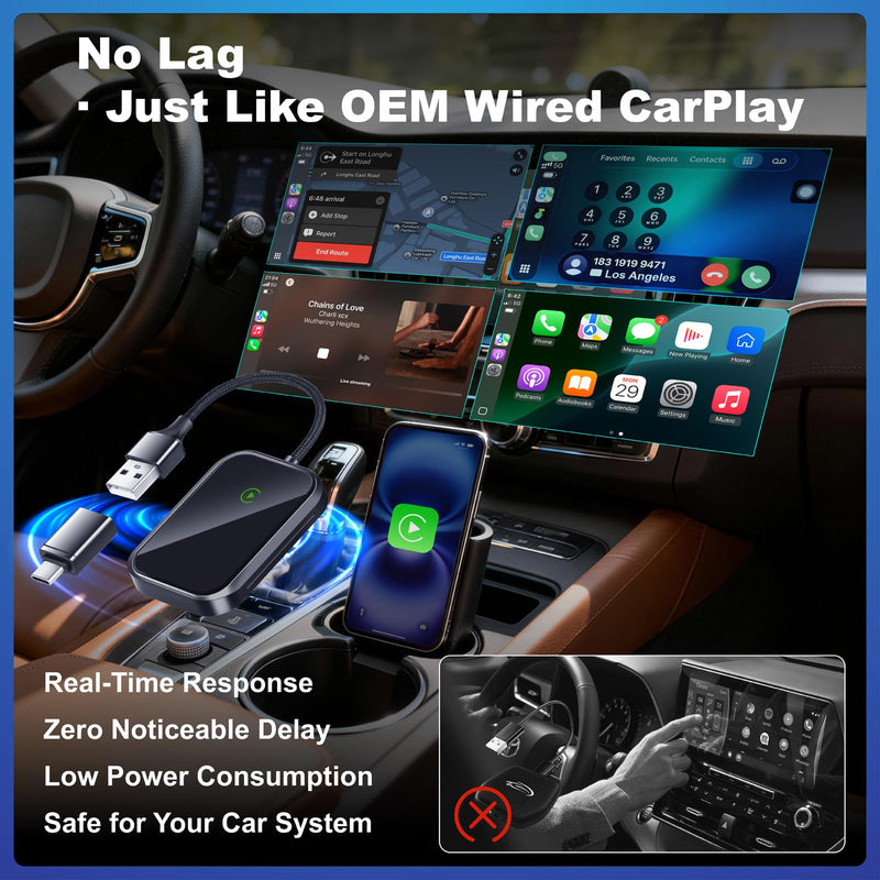 Wireless CarPlay Adapter for iPhone, Apple CarPlay Wireless Adapter USB-C, Bluetooth Connection, Auto-Switch for Multiple iPhones, Fast & Stable, iOS 10+ (Phantom Black)