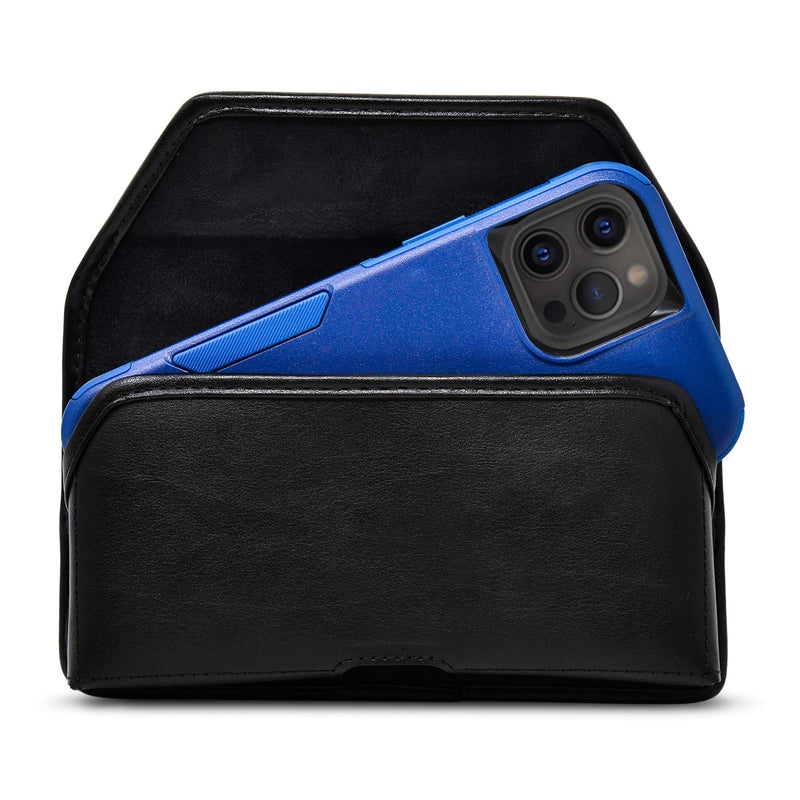 Turtleback Belt Holder for iPhone 16 Pro Max, 15 Pro Max, 14 Pro Max -Medium- Fits w/Shockproof Commuter Style Cases, Premium Black Leather Horizontal Case Magnetic Closure Leather Wrapped Clip Medium Horizontal - Leather w/ Leather Clip