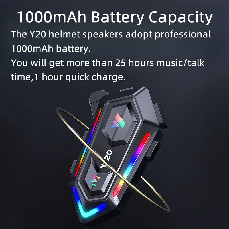 [AUSTRALIA] - Y20 Motorcycle Helmet Bluetooth Headset with HIFI Sound,Noise Reduction,1000mAh Battery,Helmet Bluetooth Headset Speakers with RGB,IPX6 Waterproof,Hand Free,Easy Set Up 