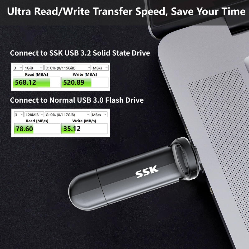 SSK 256GB External SSD Drive up to 550MB/s Dual USB C+A 3. 2 Thumb Drive | Support OTG Function,Fast Solid State SSD,USB A+C Dual Head,USB Memory Stick for iPhone 15/16/17/Android Phone,Metal