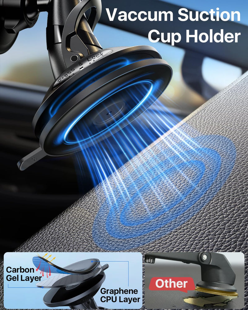 YRU [True Upgraded Military-Grade Phone Holder for Magsafe Car Mount 360° Rotating Vacuum Suction Dashboard, 2800gf Strongest Magnetic Windshield Phone Mount for iPhone 17 Pro Max 16 15 14,Black Black