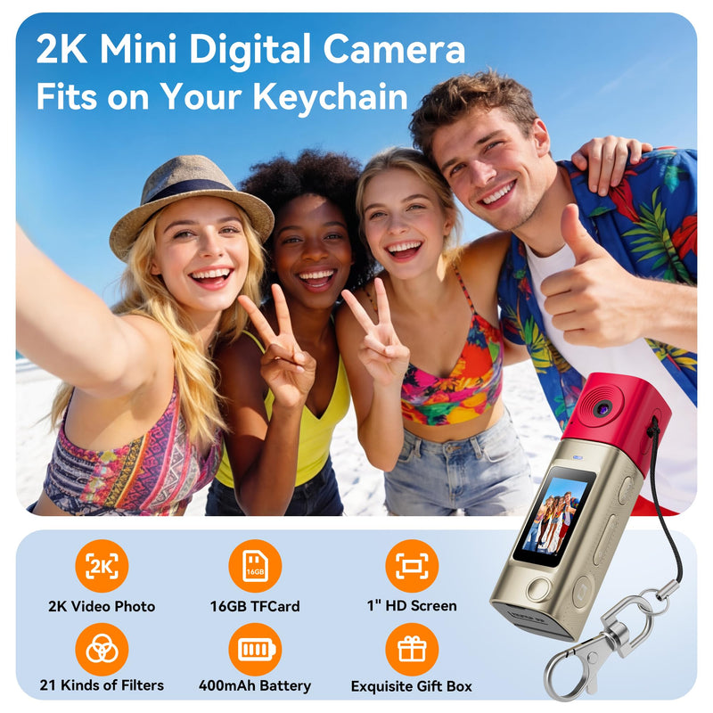 Mini Keychain Digital Camera:2K Digital Mini Camera with 16GB Card,Vintage Keychain Video Camera, 1" HD LCD Display, 400mAh Battery Portable Small Cameras with Elegant Gift Box for Travel,Kids,Gifts Gilt