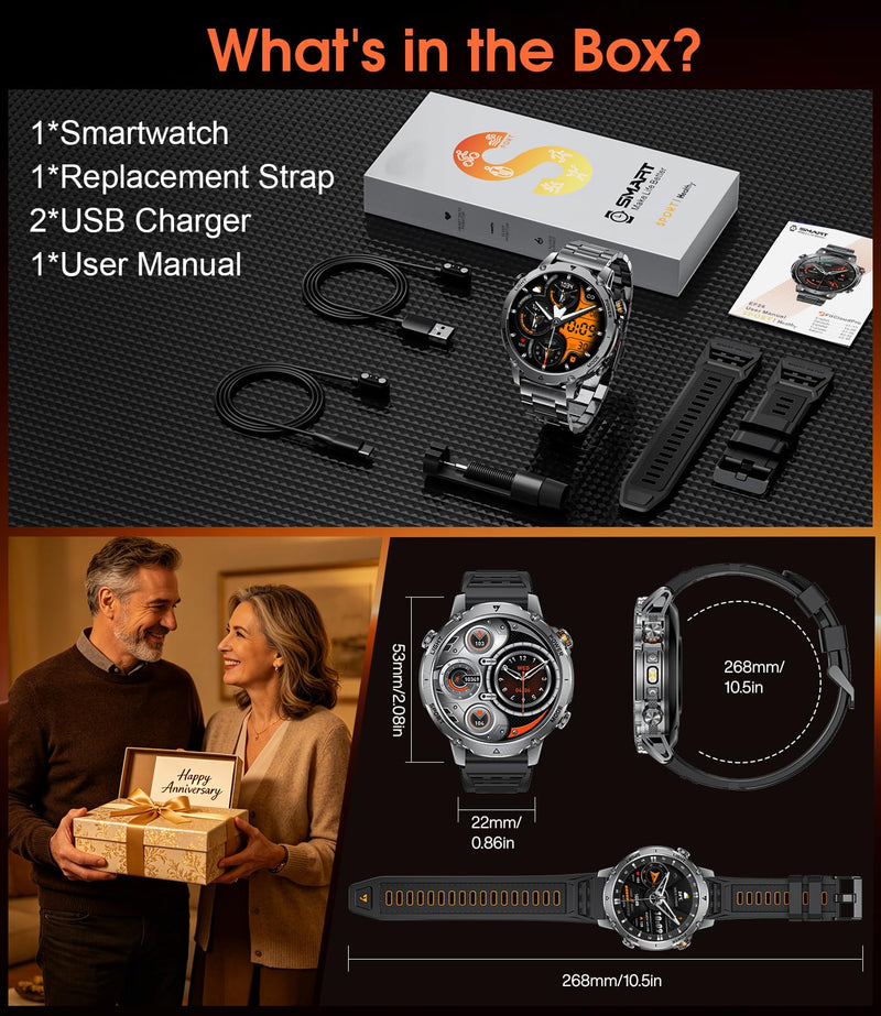 SUNKTA Military Smartwatch for Men 1400mAh Ultra Battery Fitness Smart Watch Answer/Make Calls, Heart Rate,Sleep Tracker, 100+Sports Mode, IP68 Waterproof Smartwatch for Android iPhone(2 Bands) Black