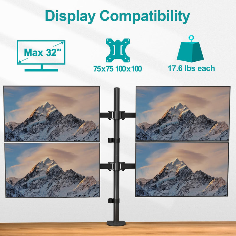 MOUNT PRO 4 Monitor Mount for Max 32" Computer Screens, Up to 17.6lbs Each | Quad Monitor Stand for Desk, Fully Adjustable Stacked 4 Desk Arm with Tilt, Swivel, Rotation, VESA 75x75/100x100mm Black(Max 32")