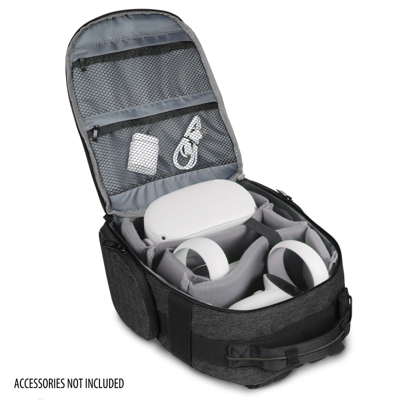 USA Gear VR Headset Backpack Travel Case Fits Meta Quest 3S, 3, 2, Controllers and Accessories - Virtual Reality Gaming Bag with Customizable Interior Dividers, Padded Backpack Straps (Black) Black