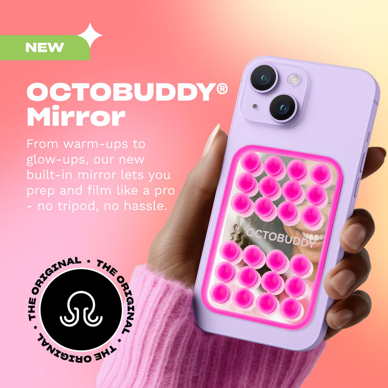 OCTOBUDDY Mirror - OG Suction Cup Phone Mount - White | Silicone Suction Grip Mobile Holder with Built-In Mirror - Hands-Free Selfies and Videos - Content Creator Accesory