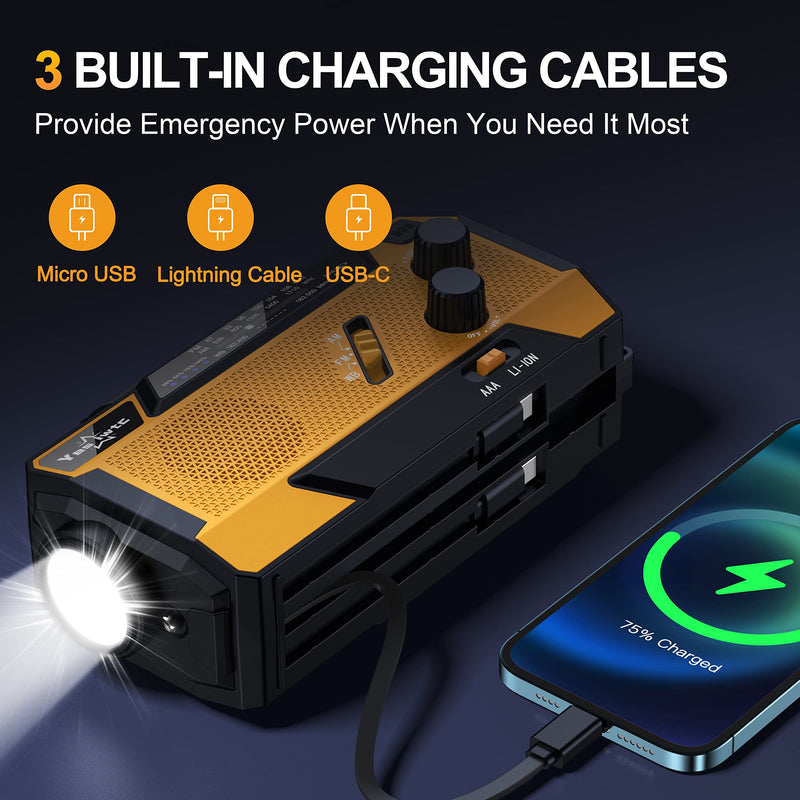 Yestiwc 7400mWh Emergency Crank Radio, Hand Crank Solar Radio, Battery Radio Emergency with NOAA/AM/FM, Power Bank, Hand Crank/SOS Alert&Flashlight Reading Lamp for Emergency Camping Storm Survival Orange