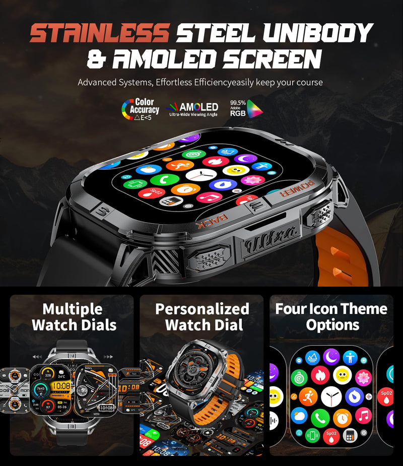 Military Smart Watches for Men,Built-in GPS/LED Flashlight/Compass/600mAh Battery,2.13" AMOLED Outdoor Sports Smartwatch with 170+ Sport Modes,5ATM Waterproof Fitness Tracker for iOS Android,Silicon