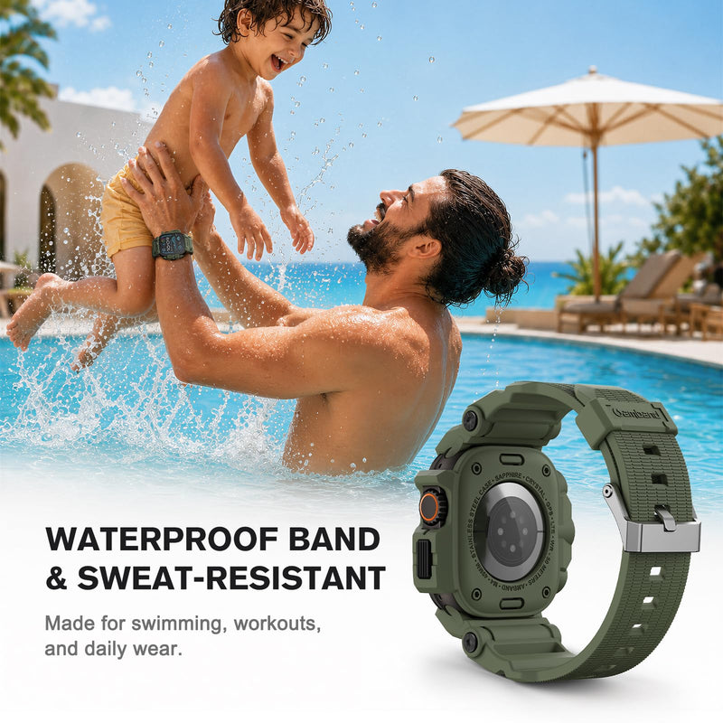 amBand Rugged Case with Band Compatible with Apple Watch Ultra 3/2/1 49mm for Men, Shockproof Protective Case with 9H Screen Protector, Sport Band & Bumper Cover, Army Green