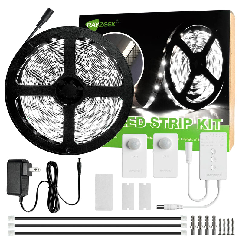 RAYZEEK Wireless Motion Activated LED Strip Lights,19.7FT LED Strip Lights with Power Adapter,RF Wireless Motion Sensor Control Dimmer,Timing,Cool White (1×Controller+2×Motion Sensor) Cool White