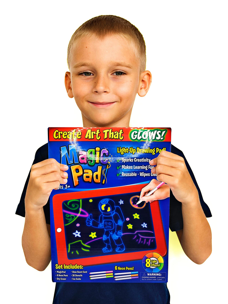 waheed LED Drawing Tablet,Magic Pad , Includes Smooth Fun Guide. Glow Boost , 6Double Sided Markets, 42 Stencils, Dry Erasers., Blue, 10.3*7.8*0.8