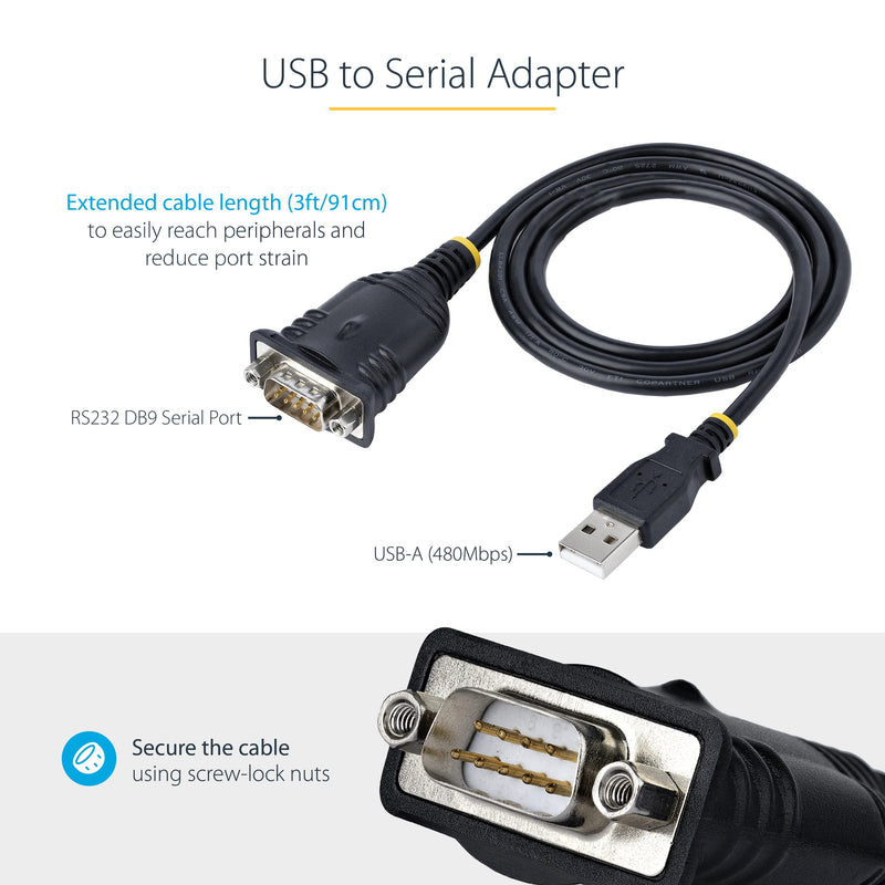 StarTech.com 3ft (1m) USB to Serial Cable, DB9 Male RS232 to USB Converter, Prolific IC, USB to Serial Adapter for PLC/Printer/Scanner/Switch, USB to COM Port Adapter, Windows/Mac (1P3FP-USB-SERIAL) | USB to Serial Converter, for PLC, Printer, Scanner,...