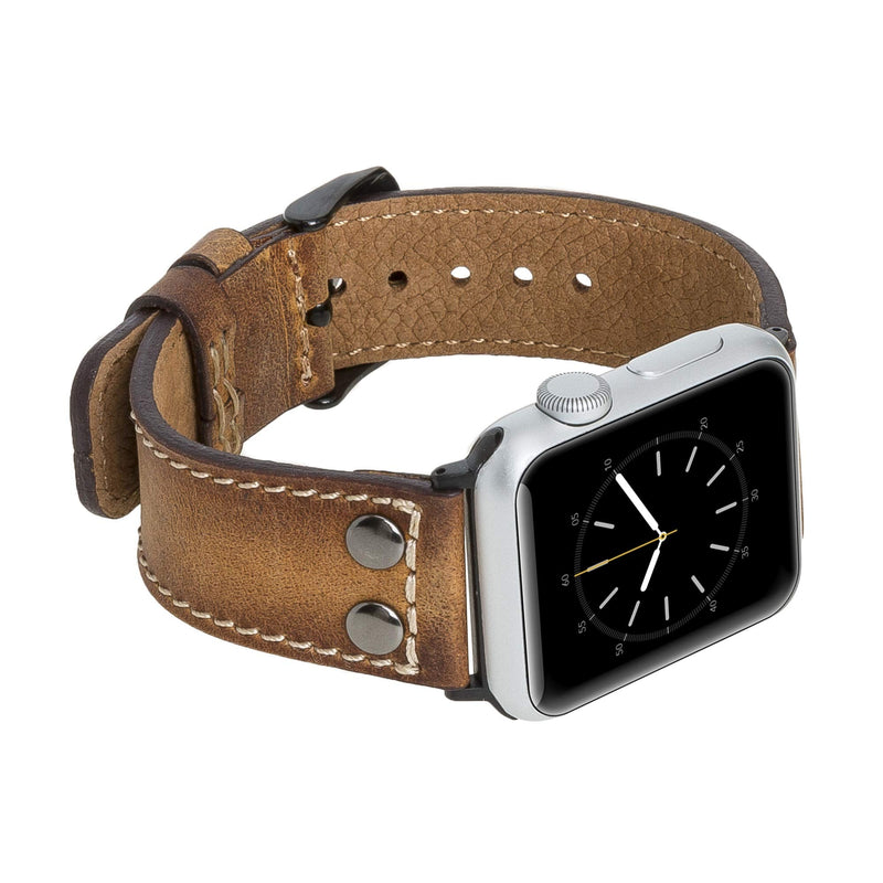 Venito Como Leather Watch Band Compatible with the Apple Watch Series 1,2,3,4,5,6,7,SE - 45mm/44mm/42mm/41mm/40mm/38mm w/Stainless Steel Hardware (Antique Brown w/Black Connector&Clasp, 38-40mm)