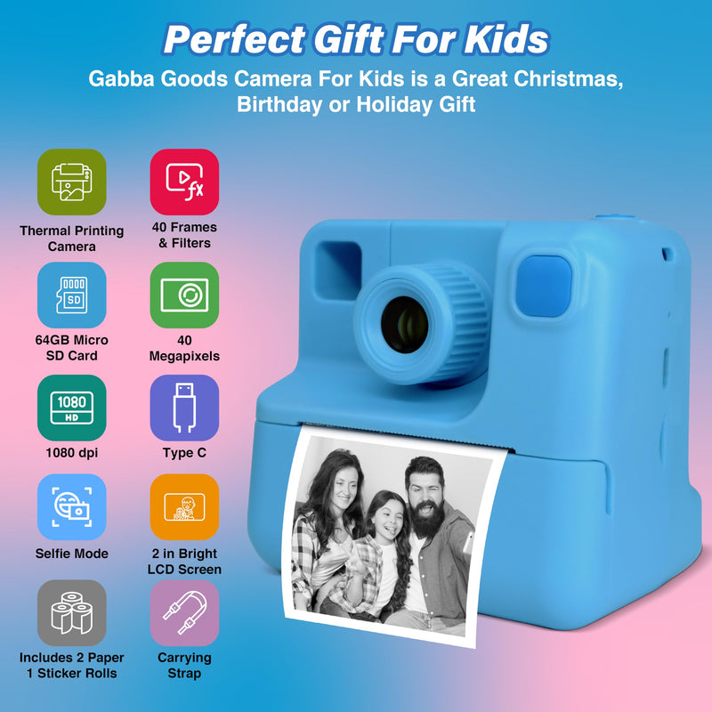GabbaGoods Instant Print Kids Camera For 3 4 5 6 7 8 9 Year Old Kids With 32GB SD Card, Instant Thermal Print Feature Best For Gift On Christmas/Birthday/Holiday | Toddler Camera | Kids Digital Camera Blue