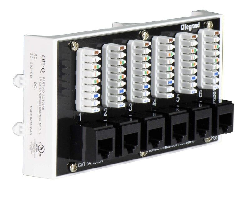 Legrand - OnQ Home Theater Patch Panel, 6 Port Interface Module, Cat 6A Network Patch Panel for Wired Ethernet Connection, Black, AC106A6
