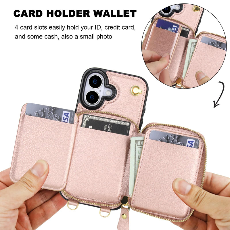 Bocasal for MagSafe Crossbody Wallet Case for iPhone 17, Rose Gold | for Wireless Charging RFID Blocking Protective Purse Case with Card Slot Holder Kickstand Wrist Strap Lanyard Zipper 6.3 Inch Rose Gold for MagSafe