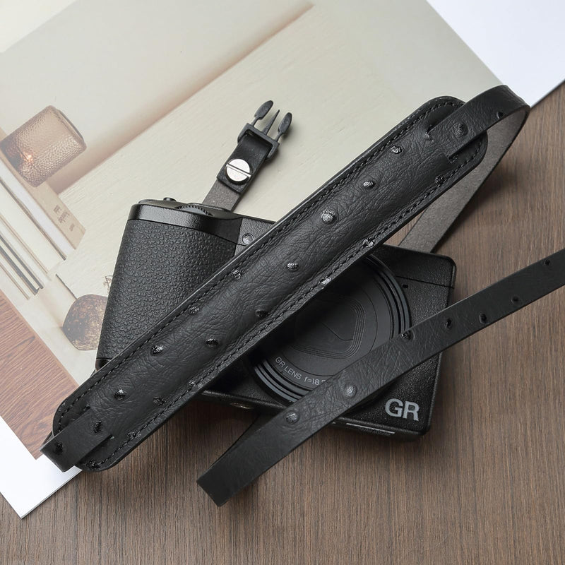 Quick Release Leather Camera Neck and Shoulder Strap | Genuine leather neck and shoulder strap with lightweight comfort and quick-release ends for compact cameras Ostrich Black
