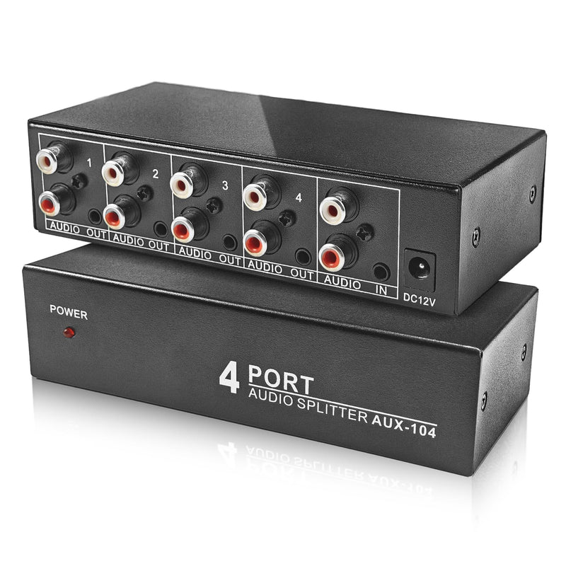 [AUSTRALIA] - 3.5mm Aux + RCA L/R Audio Splitter 1 in 4 Out, BolAAzuL 4-Way Stereo Audio Distributor Box 4-Channel Stereo RCA Splitter 1x4 for DVD Player, Game Console, Headphones, Speaker - w/Power 