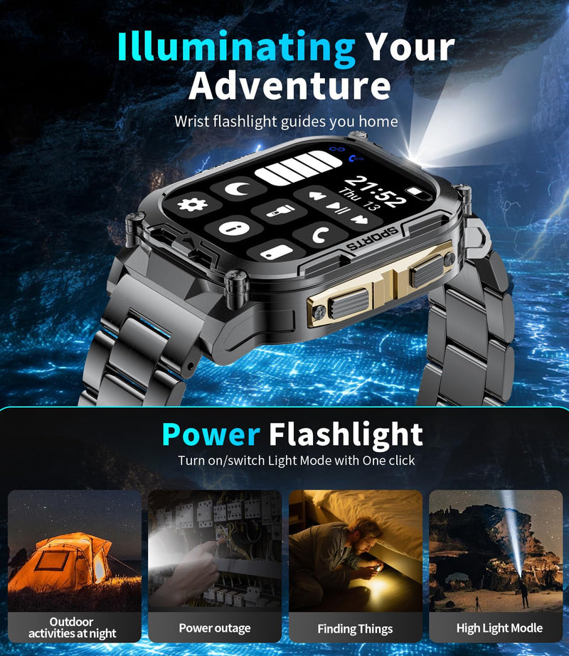 Military Smart Watches for Men(Answer/Dial Calls),2.01" Ultra Large HD Smartwatch with 60 Days Extra-Long Battery/Heart Rate/Sleep Monitor/Flashlight/2 Straps,Rugged Fitness Watch for iOS/Android Gold