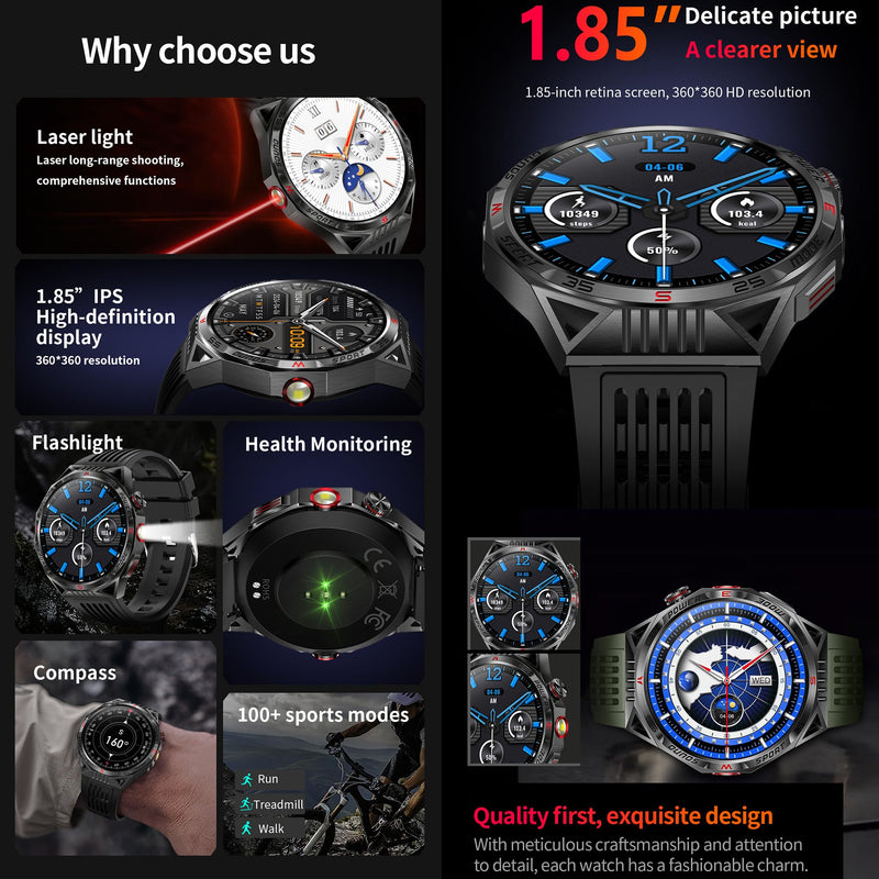 1.85”AMOLED Smart Watch for Men(Answer/Make Calls), LED Lighting, 5ATM Waterproof Fitness Watch with Heart Rate, SpO2, Blood Pressure, Bluetooth Smartwatch for Android iPhone, with 3 Bands (Silver) Silver