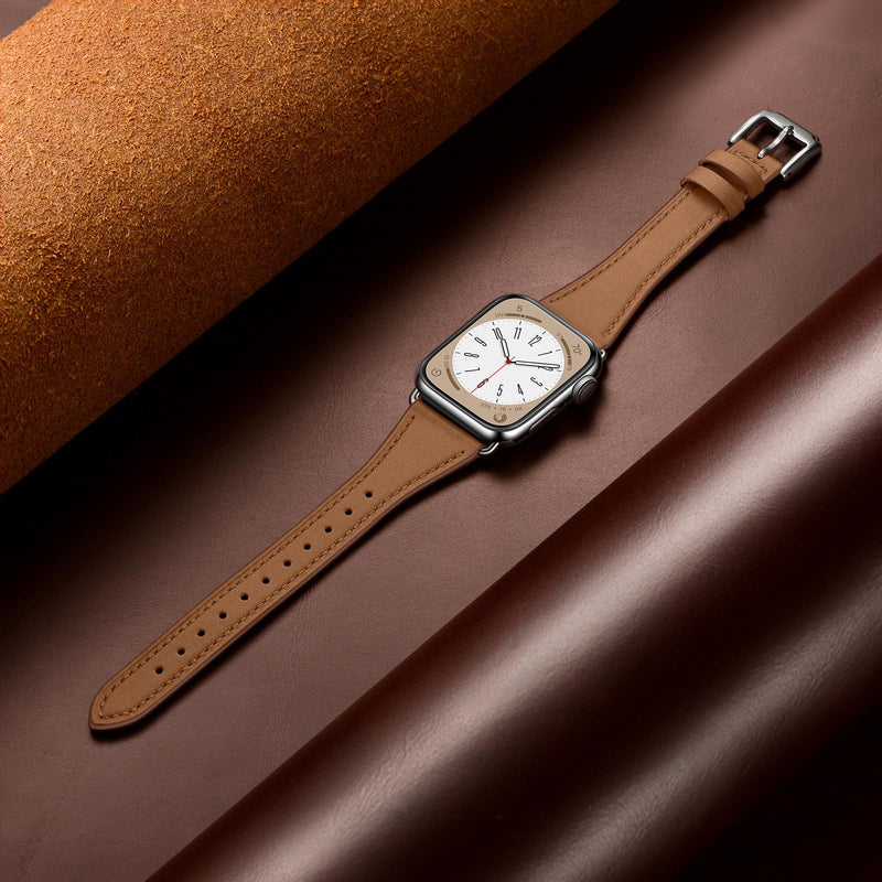 XCCYBTT Slim Leather Bands Compatible with Apple Watch Band 42mm 41mm 40mm 38mm, Genuine Leather Band Strap for iWatch Series 10/9/8/7/6/5/4/3/2/1/SE Women, Black/Rose Gold and Brown/Silver
