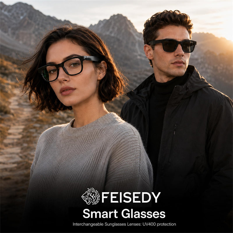 FEISEDY AI Smart Glasses with AI Assistant for Travel & Daily Use B0476 | Interchangeable Sunglasses Lenses,Open-Ear Bluetooth Audio, Music & Hands-Free Calls