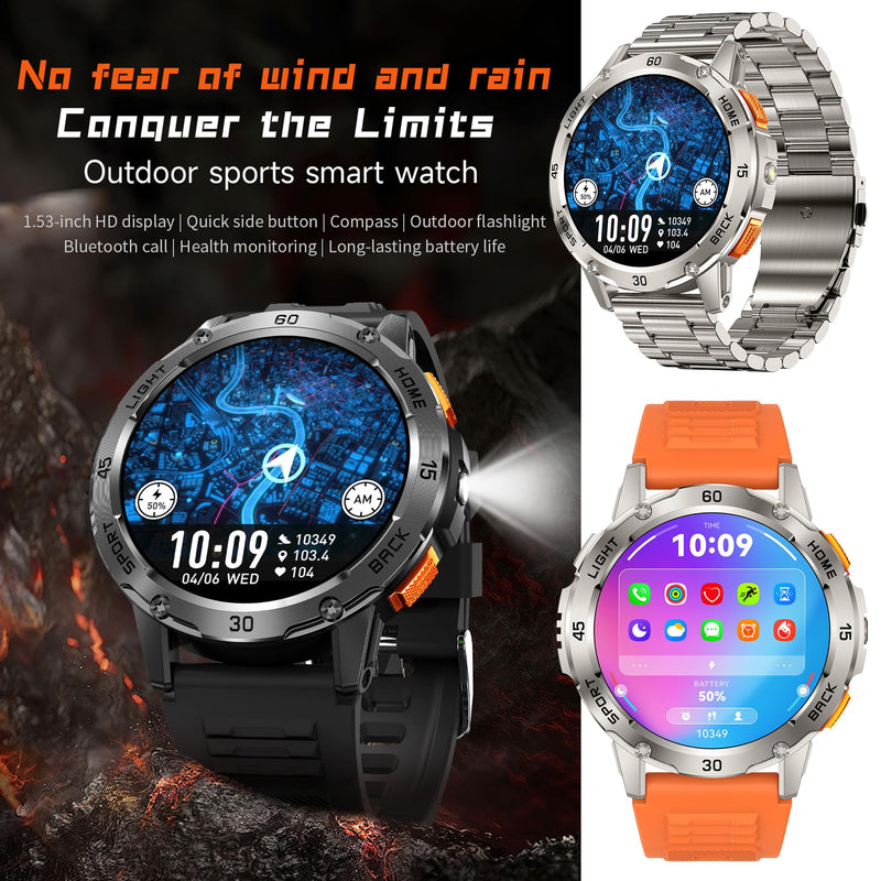 Military Smart Watch (Answer/Make Calls) for Men, 1.53" Smart Watch for Android and iPhone, IP68 Fitness Tracker with Flashlight/Compass/Heart Rate/Sleep/100+ Sport Modes(3 Straps) (Silver) Silver