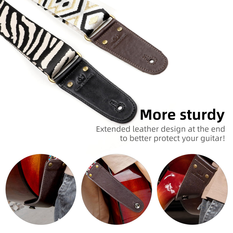 Guitar Strap, Woven Guitar Straps with Double Vegetable-Tanned Cowhide Leather Ends for Bass Guitar, Electro Acoustic Guitar, Gift for Kids and Guitarists (Black Gold) Black and gold geometric pattern Adjustable 38-63 inches