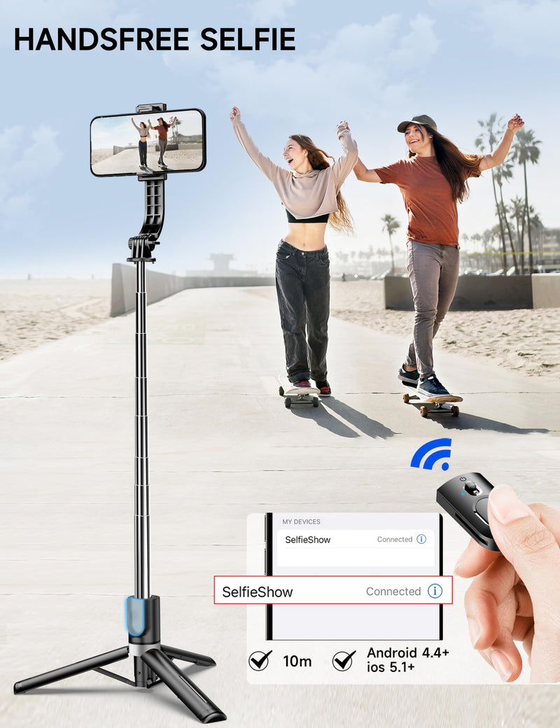 45" Selfie Stick Tripod with 2 Lights, Extendable 5 in 1 Selfie Stick Phone Tripod, Portable Selfie Sticks with Wireless Remote Compatible with iPhone 15/14/13 Pro Max, Samsung, Android, Gopro Black(with 2 Light)