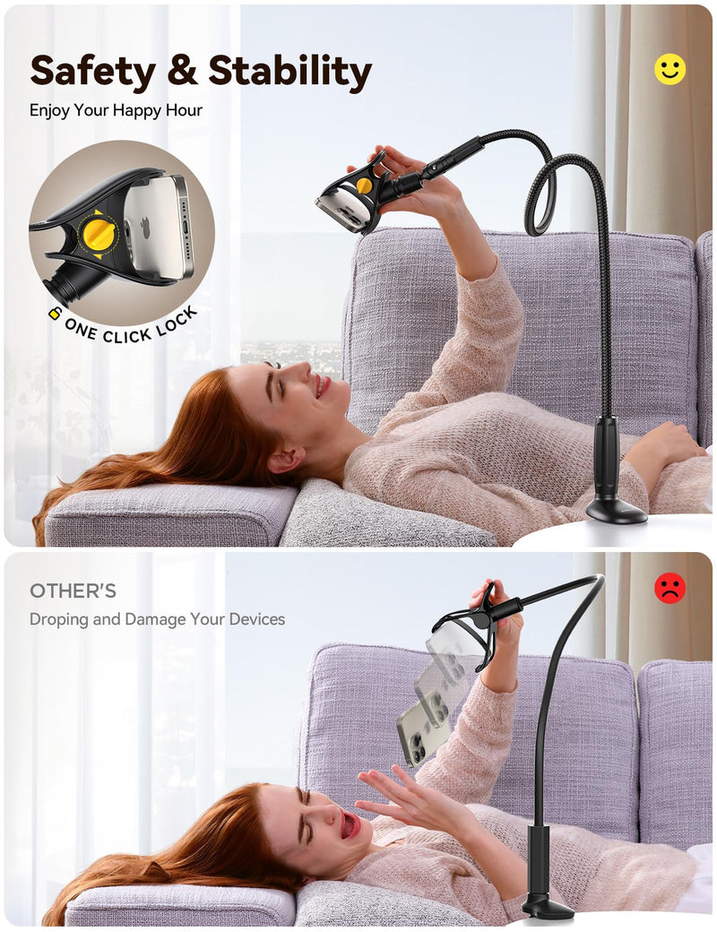 JOYROOM Gooseneck Phone Holder for Bed - [Safety Lock] & [Nylon Braid] 39.37” Flexible Long Arm Phone Stand for Desk, 720° Adjustable Overhead Phone Mount for iPhone 16, All 4-7" Devices Carbon Black