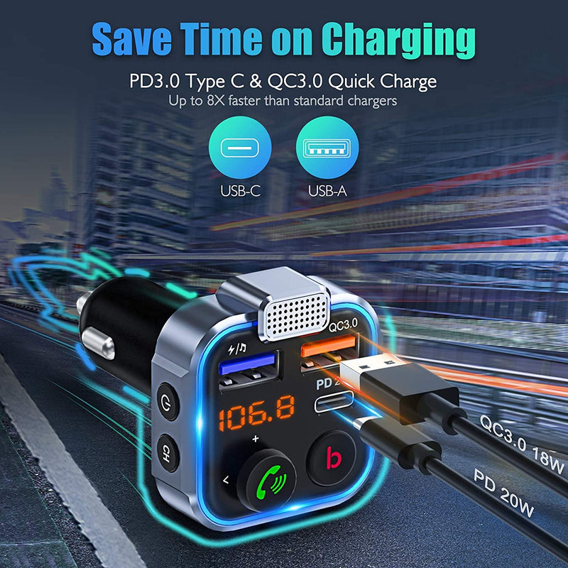 LENCENT FM Transmitter in-Car Adapter,Type-C PD 20W+ QC3.0 Fast USB Charger, Wireless Bluetooth 5.0 Radio Car Kit,Hands Free Calling, Mp3 Player Receiver Hi Fi Bass Support U Disk Blue-38W