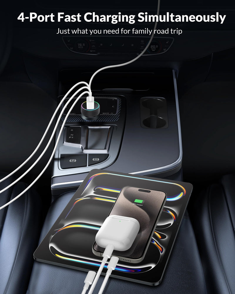 USB C Car Charger, 4-Port 90W Dual USB-C & USB-A Car Charger Adapter PD/QC Multi Port Fast Charging Cigarette Lighter for iPhone 16 15 14 13 12 11 Pro Max, iPad, Samsung S24 S23 S22, Pixel, Android