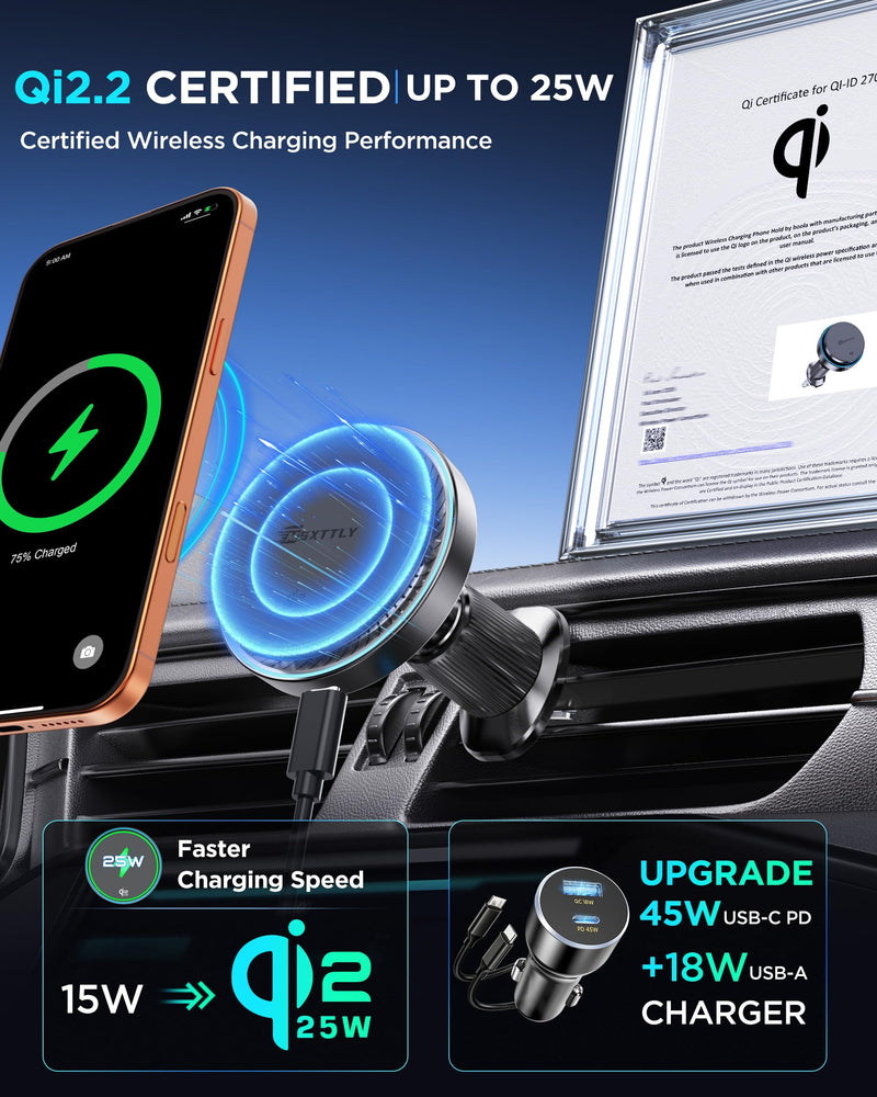 MSXTTLY Qi2.2 25W Certified for Mag Safe Car Mount Charger，Car Vent Charger | Smart Cooling Fan, 2 in 1 Stable 25W Fast Charging Magnetic Phone Holder for iPhone 17/16 series with iOS 26,Galaxy S26 Ultra
