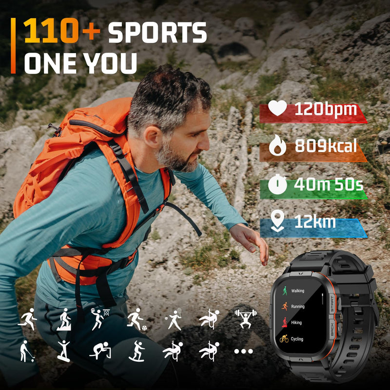 Smart Watches for Men-2.06”AMOLED(Answer/Make Calls), IP68 Fitness Activity Step Tracker with Sleep Monitor/110+ Sports Modes, Tactical SmartWatch for Android iOS Samsung Compatible,Orange Orange 2.06