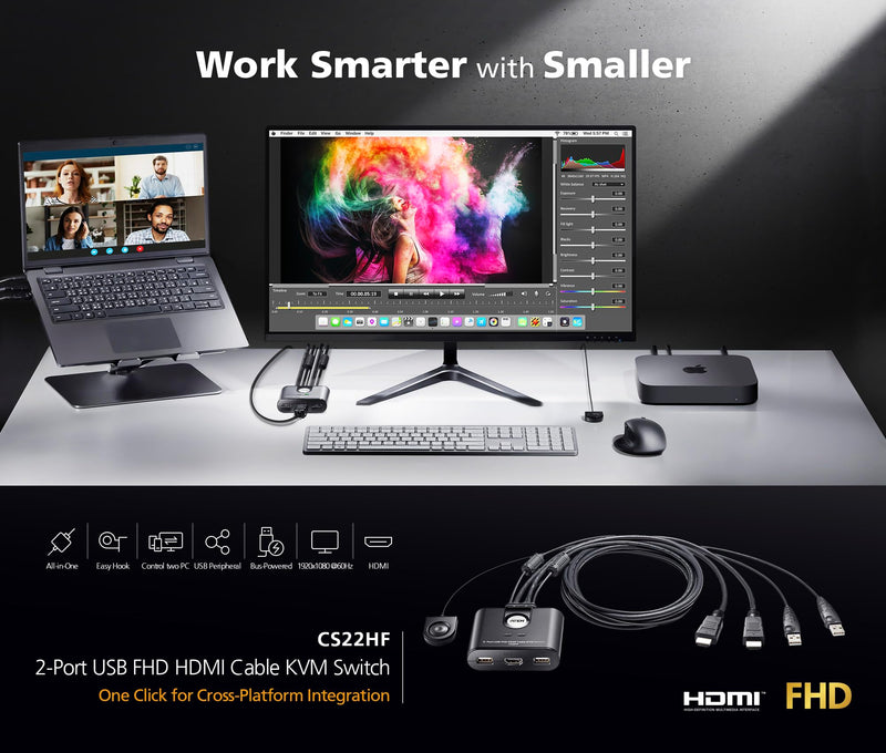 ATEN CS22HF 2-Port USB FHD HDMI KVM Switch Full HD 1080p, 2 Computers 1 Monitor, USB Peripherals, Easy Hook Design, Push-Button Remote, Plug-and-Play, Multi-Platform (Windows/Mac/Linux) HDMI - 60Hz US Version