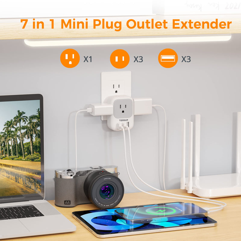 [AUSTRALIA] - USB Charger Block, TESSAN USB Plug Adapter with Electrical 4 Box Splitter 3 USB Wall Charger Ports, Multi Plug Outlet Extender Charging for Cruise, Travel, Office, Dorm Essentials Grey USB-A 