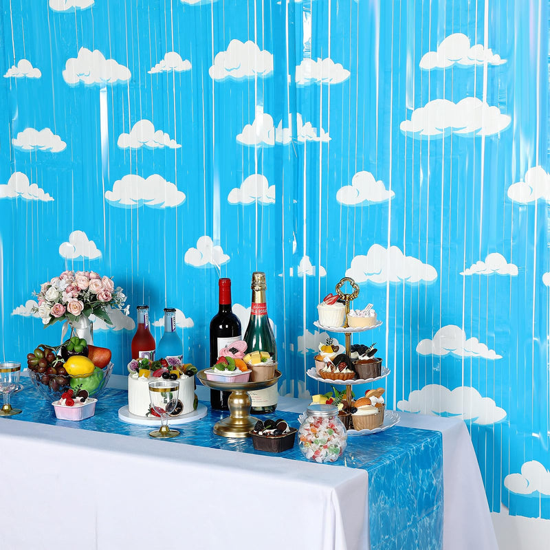 XunYee 3 Pack Blue Sky White Clouds Birthday Party Supplies, Clouds Theme Tinsel Foil Fringe Curtains Toy Party Supplies, Baby Kids Shower Cartoon Story Birthday Party Decorations
