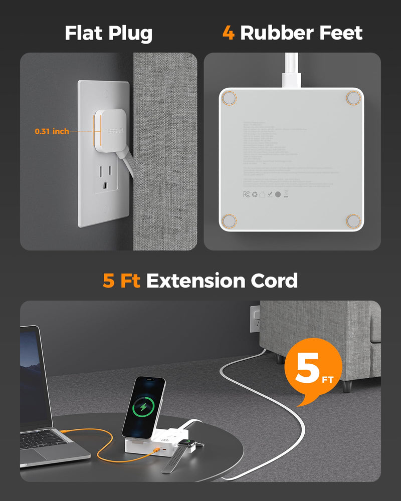 TESSAN 30W Charging Station USB Phone Charger with Wireless Charging | 2 USB C/1 USB A and 2 AC Outlet,for iPhone 17/16/15 Charging Stand, for Apple Watch Charging, Flat Plug, 5ft Cord, White
