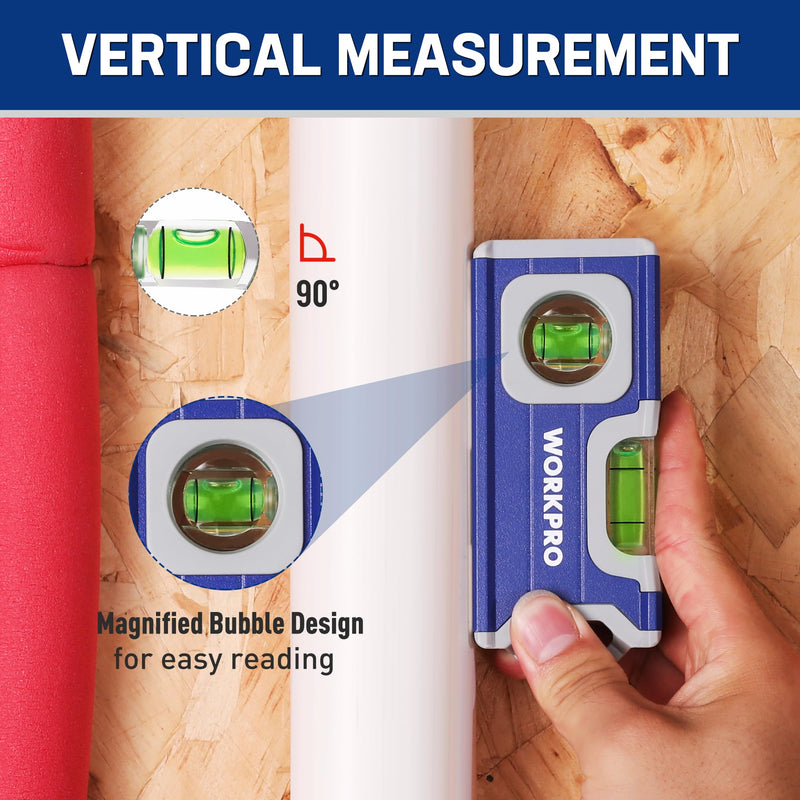 WORKPRO Magnetic Spirit Level 115 mm, Mini Spirit Level with 2 Vials 90°/180°, Magnetic Spirit Level with Hanging Hole, Aluminum Alloy Body, Strong Magnet, Grooved Design for Builders