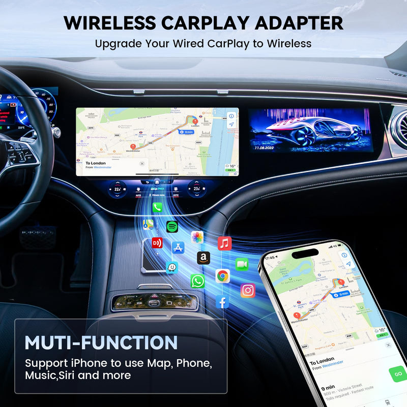 Wireless CarPlay Adapter, Converts Wired to Wireless Carplay Plug & Play Dongle Wireless Control for iPhone 8 or Above & OEM Wired CarPlay Cars