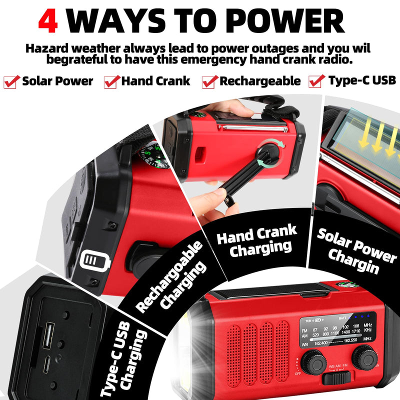 Emergency Weather Radio, 10000mAh /37000mWh Crank Radio, Portable NOAA/AM/FM Weather Radio, Reading Light, Solar Radio, SOS Emergency Flashlight, Multiple Power Sources,for Hurricanes and Emergencies Red