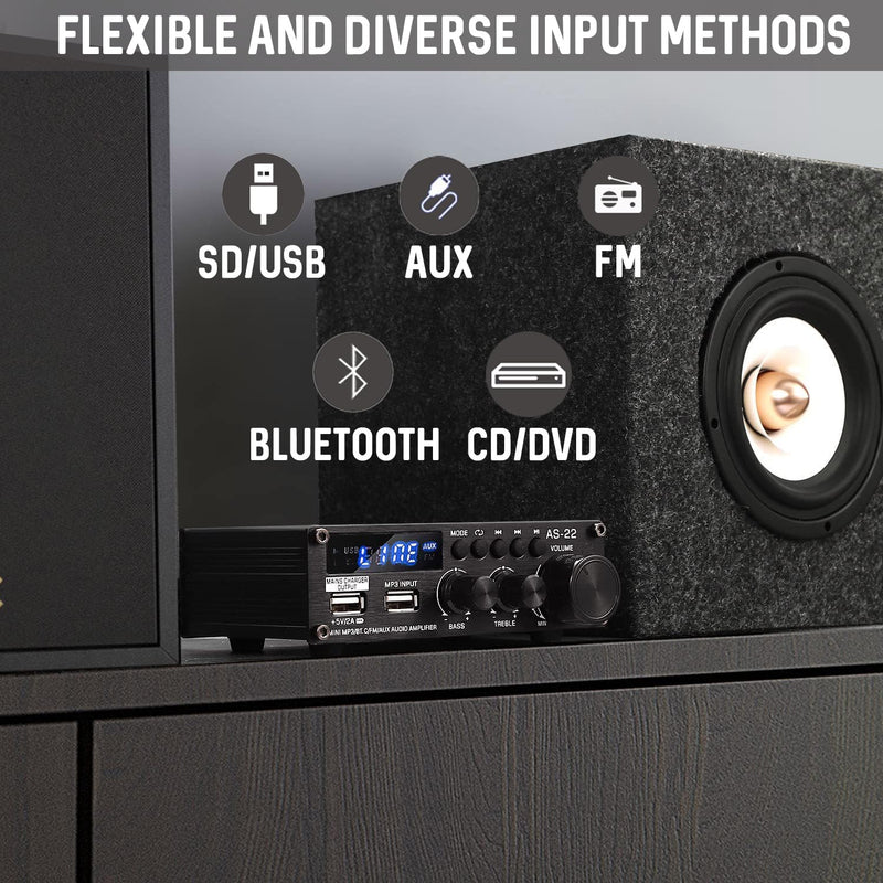 Sunbuck Mini Amplifier, Stereo Receivers for Home Stereo System, 2 Channel Stereo Amplifier with RCA/USB/FM, Bluetooth Receiver Amplifier, Home Theater 300Wx2, Mini Amplifier for Speakers, AS-22BU Mini Size-300W
