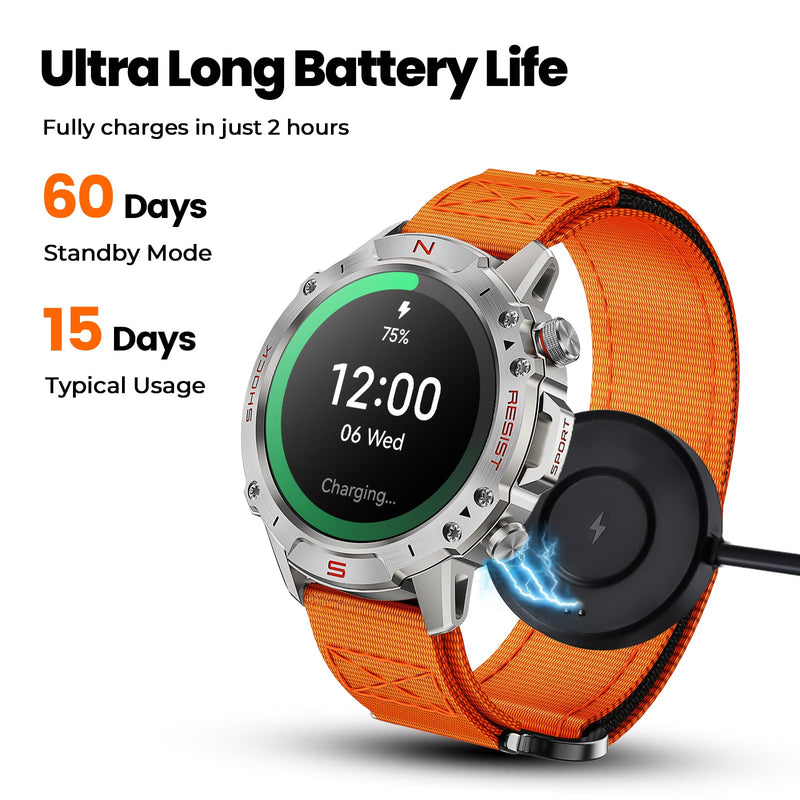 WalkerFit Smart Watch for Men, Rugged Tactical Fitness Tracker with 1.43" AMOLED Display, Bluetooth Calls, 5ATM Waterproof, 170+ Sports, SpO2/Heart Rate Monitor, 2 Bands, iPhone/Android Compatible