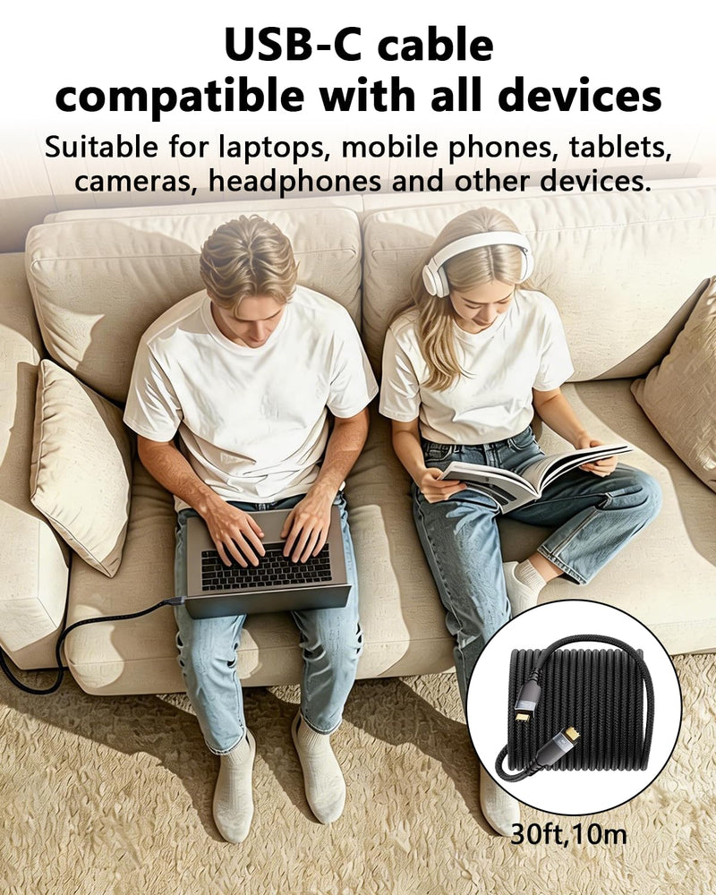 33ft Long USBC Cable,5Gbps Data Transfer,60W Fast Charging,4K@60Hz Video Output,Black Nylon Braided USB C Cable with Gold-Plated Connectors,Compatible with Laptop,Monitor, Docking Station, 10